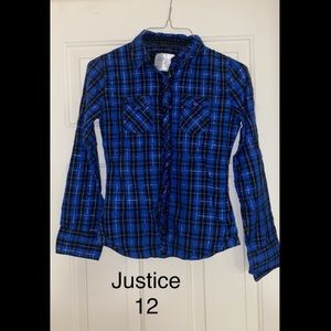 Justice blue and black plaid top. Size 12. Purple Heart buttons